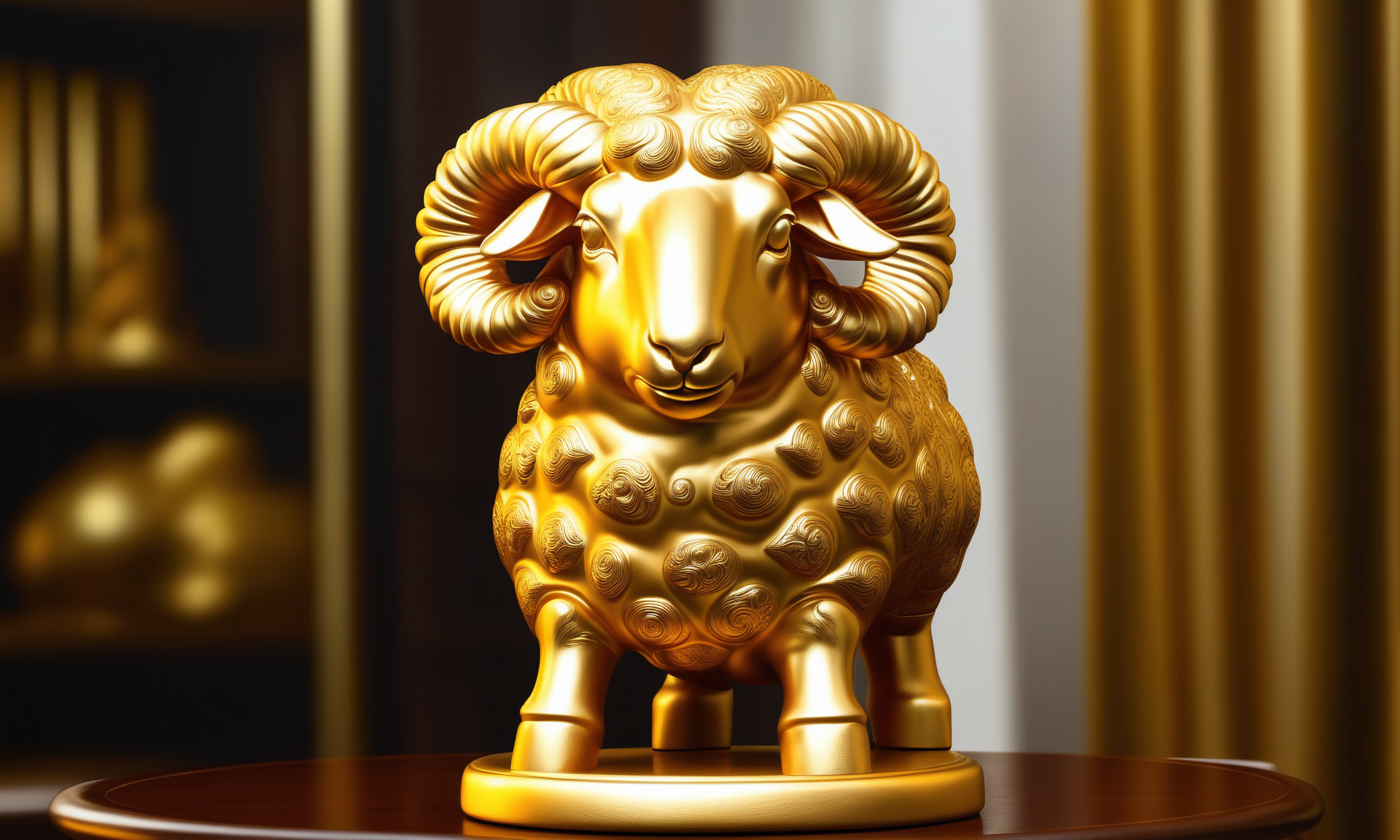 <lora:goldcarvingcd_xl-000006:0.8>,a statue of a sheep made of golden in office scene,goldcarvingcd_xl,gold carving,indoors,chinese zodiac,wooden table,cutie,cute,still life,animal statue,front view,facing viewer,looking at viewer,(Unbelievable Digital Artwork:1.3),fine art,CGSociety,ArtStation,master works, emotional, harmonious, high budget, moody, epic, gorgeous, perfect lighting, realistic, photorealistic, photographic, photo (medium),real, moody lighting, volumetric lighting, reality ray tracing, 8K, HDR, UHD, masterpiece, best quality, highly detailed, high resolution, finely detail, extremely detailed, ultra detailed, wallpaper