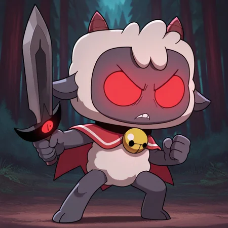masterpiece, best quality, amazing quality, official style, l4mb3rt, male, furry male, anthro, solo, lamb, grey skin, white wool, red eyes, glowing eyes, small red horns, small ears, short, black collar, bell, red cape, fight stance, holding sword, outdoors, forest, dark