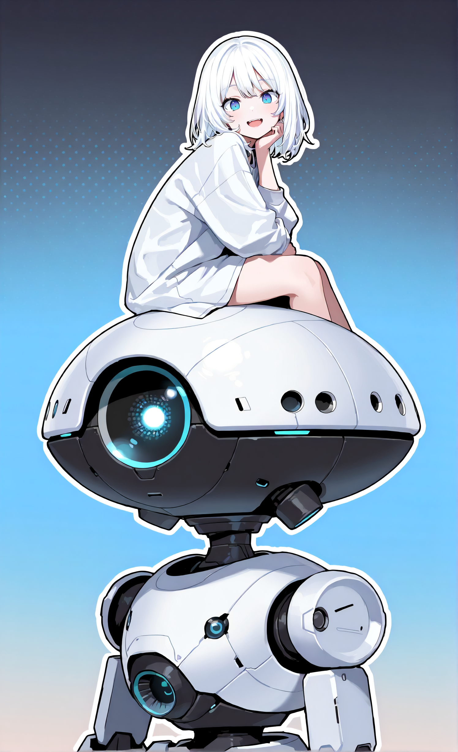 masterpiece, sharp detail, intricate detail, 1girl, medium hair, white hair, blue eyes, smile, from side, looking at viewer, facing viewer, sitting, head rest on drone, open mouth,   <lora:Improved Anime Drones:0.8> science fiction, non-humanoid robot, (white outline, outline, thick outline:1.5), (polka dot background. big polka dot, ), gradient background, soft gradient,