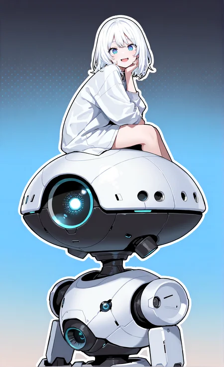 masterpiece, sharp detail, intricate detail, 1girl, medium hair, white hair, blue eyes, smile, from side, looking at viewer, facing viewer, sitting, head rest on drone, open mouth, <lora:Improved Anime Drones:0.8> science fiction, non-humanoid robot, (white outline, outline, thick outline:1.5), (polka dot background. big polka dot, ), gradient background, soft gradient,