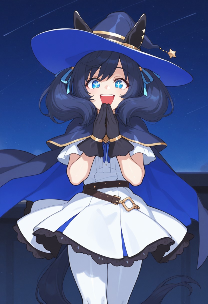 anime, masterpiece, best quality, 8k, glancing at viewer, 1girl, (female umamusume, female focus, umamusume, medium hair, dark blue hair, blue eyes, star pupils, twintails, fluffy hair, dark blue wizard hat, big wizard hat, short dark blue mantle, dark blue ribbon, white dress with blue and gold rim, black gloves, short sleeves, white tights, blue horse tail, horse ears, blue ribbons), nighttime, starry sky, shooting stars, laughing, happy, cute, short, wind blowing,  perfect body, petite, shortstacks, solo, masterpiece, best quality,highres, score_9, score_8_up, score_7_up, score_6_up, source anime, absurdres, masterpiece, best quality, very aesthetic, inkerto-kun