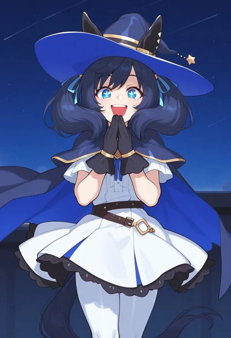 anime, masterpiece, best quality, 8k, glancing at viewer, 1girl, (female umamusume, female focus, umamusume, medium hair, dark blue hair, blue eyes, star pupils, twintails, fluffy hair, dark blue wizard hat, big wizard hat, short dark blue mantle, dark blue ribbon, white dress with blue and gold rim, black gloves, short sleeves, white tights, blue horse tail, horse ears, blue ribbons), nighttime, starry sky, shooting stars, laughing, happy, cute, short, wind blowing, perfect body, petite, shortstacks, solo, masterpiece, best quality,highres, score_9, score_8_up, score_7_up, score_6_up, source anime, absurdres, masterpiece, best quality, very aesthetic, inkerto-kun
