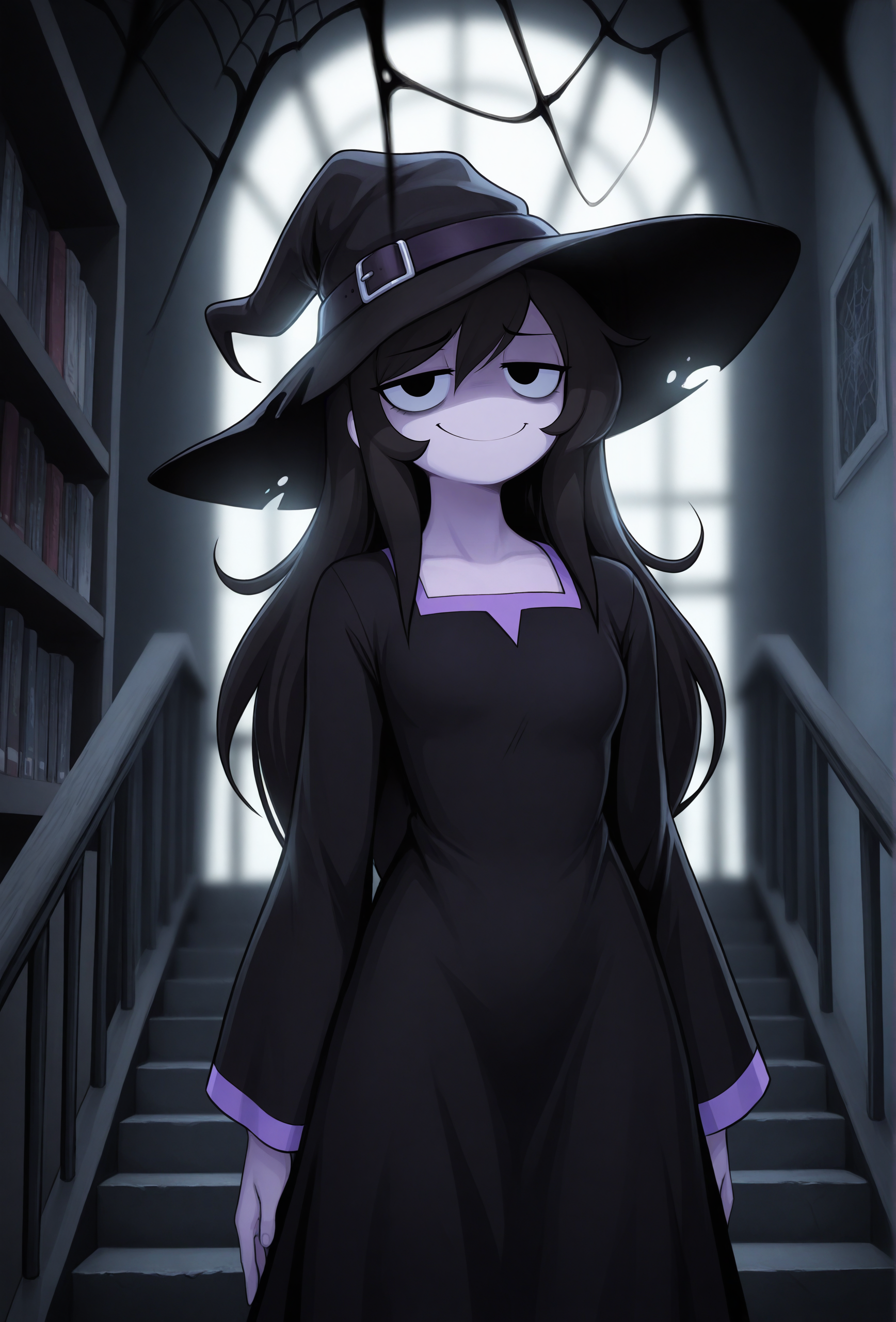 masterpiece,best quality,amazing quality, <lora:rosemary_cabronpr_illustrious_v1f:0.75> rosemary, 1girl, solo, black eyes, no nose, long hair, bags under eyes, smug, jitome, witch hat, witch, looking at viewer, shaded face, BREAK
(depth of field:1.3), black dress, purple trim, haunted mansion, cobwebs, spider web, stairs, railing, bookshelf, dark, low lighting, dim lighting, crepuscular rays, (colored skin:0.7) <lora:marblesoda_style_illustrious_v1f:0.8> marblesodastyle