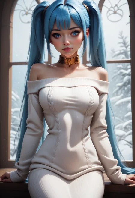 score_9, score_8_up, score_7_up, 1girl, solo, sexy sweater dress, white dress, long sleeves, bare shoulders, scoop neck, gold choker, <lora:Dark_Somi_Pony_v0.1:0.5> d4rks0m1, long blue hair, twintails, blue eyes,