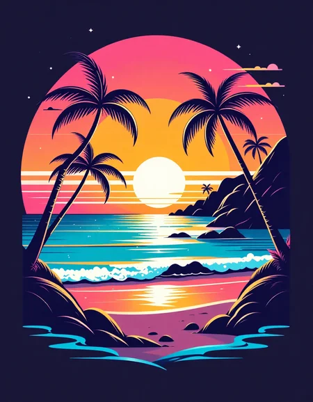 tshirt design, synth wave beach, retro sunset in the background, in the style of 5h1rt