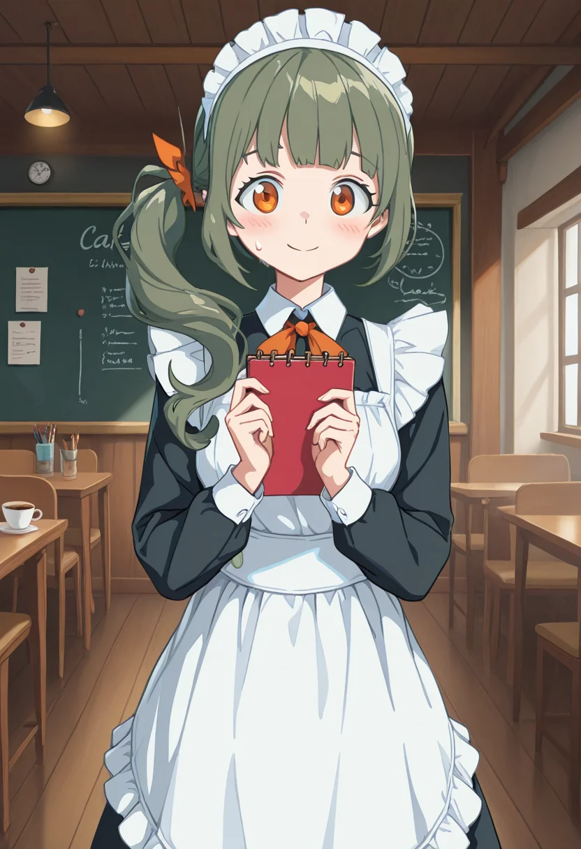 1girl, solo, lrheroine, green hair, side ponytail, long hair, blunt bangs, hair ribbon, orange eyes, indoors, cafe, maid outfit, smile, standing, polite pose, holding, pencil, notepad, smile, sweatdrop, blush, cowboy shot, straight-on, looking at viewer,