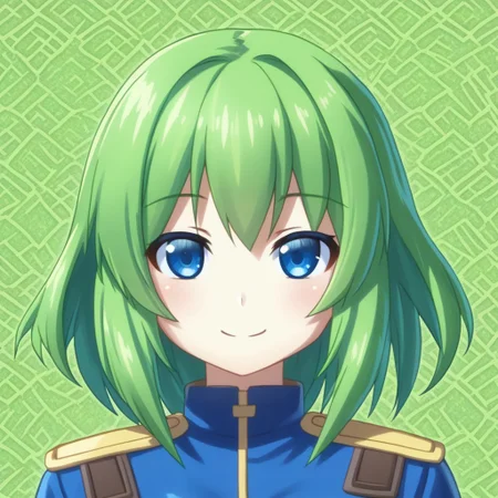 mana_sk style, portrait, focus on face, a cheerful wind ranger girl with shoulder-length lime-green hair and bright sky-blue eyes, wearing a feathered hair accessory and a light leather jacket adorned with swirling patterns, her smile radiant as faint breezes tousle her hair, Japanese RPG style, lively and free-spirited atmosphere, intricate details on her hair accessory and jacket