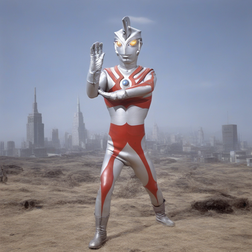 male focus,ultraman ace,no human,alien,giant superhero,silver head,headdress with one hole,silver rubber bodysuit with red line, glowing hemisphere on the chest,silver gloves and boots,