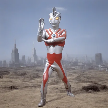 male focus,ultraman ace,no human,alien,giant superhero,silver head,headdress with one hole,silver rubber bodysuit with red line, glowing hemisphere on the chest,silver gloves and boots,