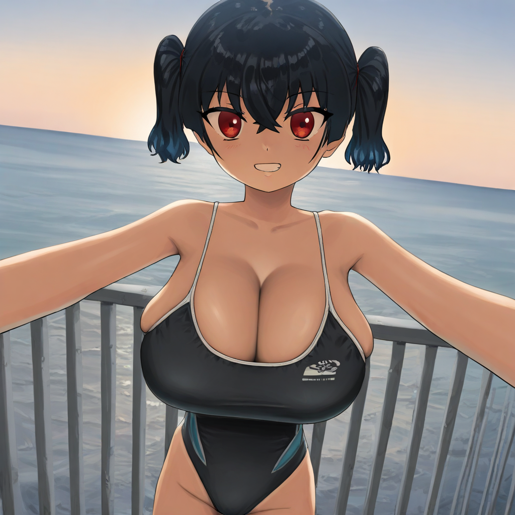score_9, score_8_up, score_7_up, score_6_up, source_anime, BREAK, 1girl, solo, (( <lora:sasaki_kanna:1> , sasaki_kanna, piercing red eyes, clear eyes, bright pupils, beautiful eyes, beautiful black hair, short twintails, bangs, left side ponytail, thin waist, wide hips, beautiful skin, huge and shaggy breasts, short busty woman, natural beauty, extraordinary beautiful woman, attractive woman, super sexy woman, lustful body, sexy woman with seductive obscene body, sensual body, voluptuous body, sexy beauty, )) , cowboy shot, sexy, seducative smile, ((blue cut-out one-piece competitive swimsuit, obscene cleavage, huge cleavage, blue hair ties, )) , head rest, looking at viewer, mediterranean, ocean, balcony, backlighting, decorations, parted lips, open mouth, dutch angle, selfie, beautiful smile,