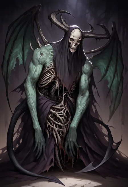 masterpiece, best quality, newest, absurdres, highres,
DFCAV1.0, realistic, 1boy, green skin, green colored skin, demon boy, demon horns, horns, demon wings, demon tail, wings, horror (theme), monster boy, skull, skull mask, bones, skeleton, veil, veiled face, mask, giant, muscular male, undead, zombie,