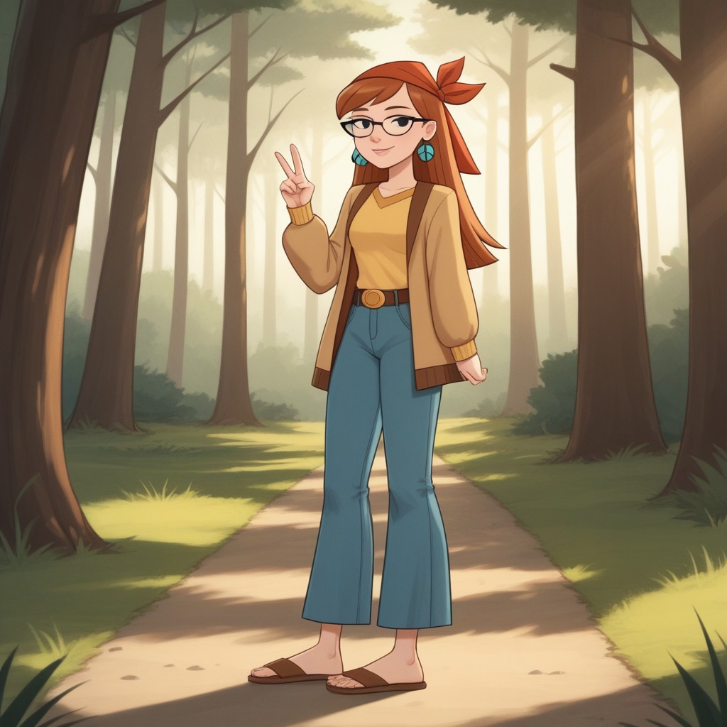 score_9, score_8, BREAK, bandana, auburn hair, glasses, freckles, lips, peace symbol earrings, yellow long sleeves, brown mini-jacket, long jeans, flip flops, total drama, miles_(\total_drama\), belt, black eyes, sexy pose, smile, outdoors, sunlight, shadows, evening lighting, natural lighting, forest, trees, grass, orange sky, sunset