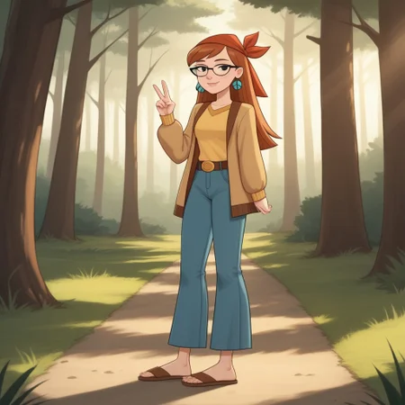 score_9, score_8, BREAK, bandana, auburn hair, glasses, freckles, lips, peace symbol earrings, yellow long sleeves, brown mini-jacket, long jeans, flip flops, total drama, miles_(\total_drama\), belt, black eyes, sexy pose, smile, outdoors, sunlight, shadows, evening lighting, natural lighting, forest, trees, grass, orange sky, sunset