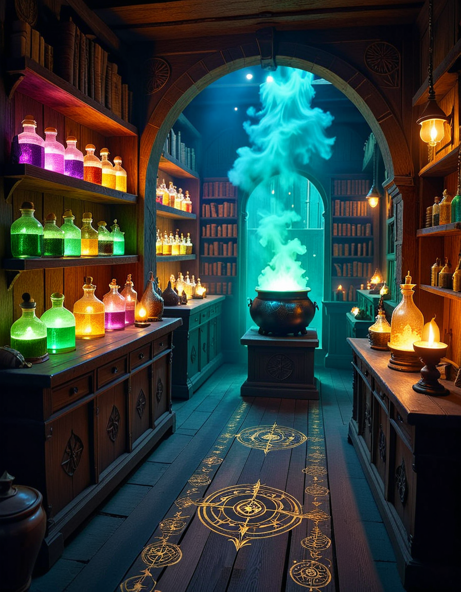 A dimly lit, mysterious alchemy shop filled with ancient books, glowing potions, and strange magical artifacts. Wooden shelves, covered in dust and cobwebs, are packed with glass bottles containing bubbling liquids in deep purples, shimmering golds, and eerie greens. The air is thick with swirling mist, and candlelight flickers, casting long shadows across the stone walls. In the foreground, an old wooden counter holds an open grimoire, alongside mortar and pestles, dried herbs, and mysterious symbols carved into the surface. Strange objects like a levitating crystal orb, a preserved dragonâs eye in a jar, and an enchanted dagger with glowing runes are displayed throughout the space. A bubbling cauldron in the corner emits a soft, eerie glow, illuminating the intricate arcane symbols on the floor. The atmosphere is dark, mystical, and full of ancient secrets, evoking a sense of forgotten magic and hidden knowledge.
<lora:SDXLFaeTastic2400:0.4> <lora:extremely_detailed:0.4> extremely detailed,<lora:mysterious_4lch3my_sh0p:1>,mysterious 4lch3my sh0p, Masterpiece,best quality,hi res,8k,hi res,8k,award winning,(sharp focus, intricate, highly detailed),