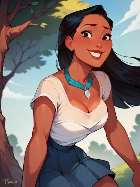 score_9, score_8_up, score_7_up, score_6_up, PocahontasXLP lay on tree, leaning forward, sexy pose, smile, nervous, dark skin, long hair, necklace, school uniform, skirt, shirt, cleavage, medium breasts, narrow waist, wide hips, thick thighs, looking at viewer, cowboy shot, cartoon, dynamic pose, smile, cute, wide shot, solo, school, disney, dutch angle, realistic, 
 <lora:PocahontasXLP_character:1>