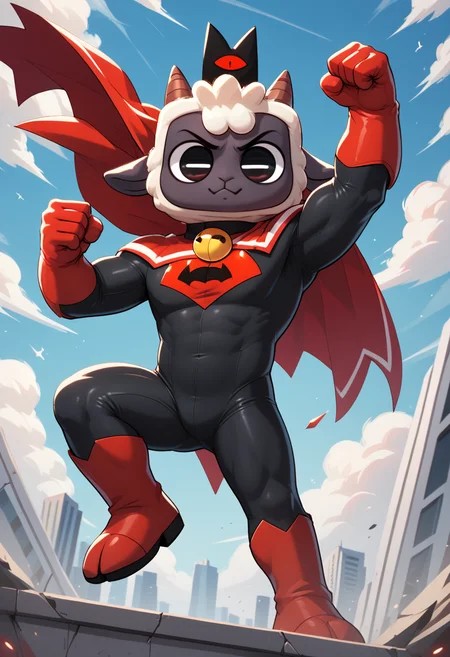 score_9, score_8_up, score_8,   <lora:Lambert:0.8> furry, l4mb, lamb, horns, solo, superhero, spandex