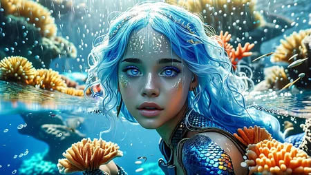 (photo of attractive sea goddess mermaid with bright light blue hair and vivid blue iridescent eyes), (indigo full plate armor), cinematic lighting, pale white skin, surrounded by a tsunami of water, underwater coral reef background with sharks, extremely wet, scenic backdrop, naturalistic, vibrant, colorful, 8k <lora:MJ52:0.8>