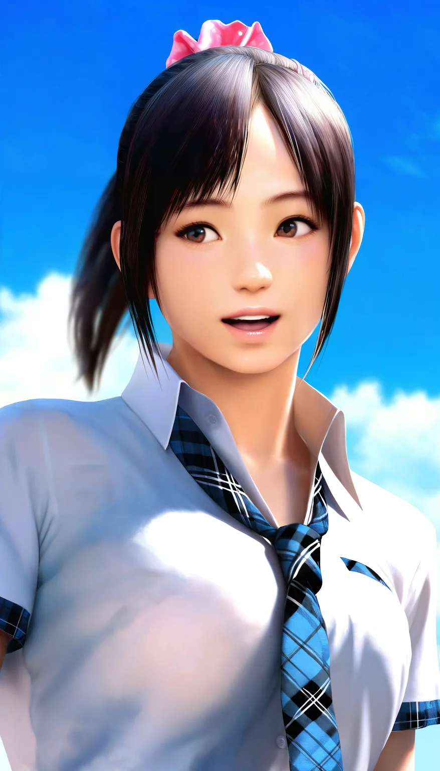 masterpiece,best quality,amazing quality,
<lora:miiyamotohikariNAI:1>,miiyamotohikari,realistic,
1girl,solo,black hair,ponytail,bangs,pink scrunchie,brown eyes,white collar shirt,plaid neck tie,blue plaid skirt,
portrait,
looking sideways,
parted lips,
outdoors,
blue sky,cloud,
depth of field,