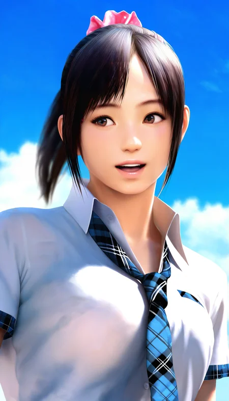masterpiece,best quality,amazing quality,
<lora:miiyamotohikariNAI:1>,miiyamotohikari,realistic,
1girl,solo,black hair,ponytail,bangs,pink scrunchie,brown eyes,white collar shirt,plaid neck tie,blue plaid skirt,
portrait,
looking sideways,
parted lips,
outdoors,
blue sky,cloud,
depth of field,