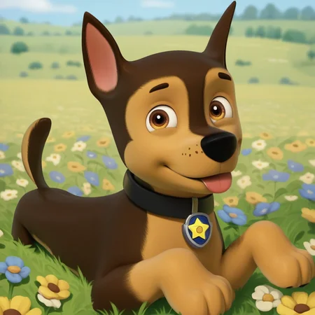 score_9, score_8_up, score_7_up, score_6_up, source_cartoon, Chase(PP), solo, 1boy, feral, German shepherd, dog, brown and tan fur, brown eyes, black nose, thin tail, black collar, star (symbol) tag, full body, looking at viewer, lying on stomach, paw pose, smiling, mouth open, tongue out, detailed background, cowboy shot, from above, flower field background,