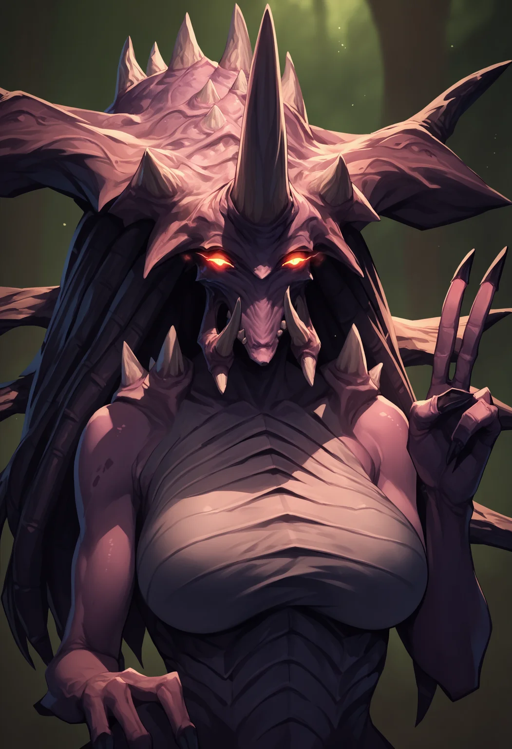 score_9, score_8_up, score_7_up, score_6_up, score_5_up, score_4_up, 1girl, <lora:Zagara:0.8> , large breasts, horns, no humans, monster, yellow eyes, solo, glowing, glowing eyes, spikes, upper body, v sign,
dark forest background, blurry background,