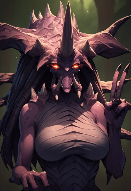 score_9, score_8_up, score_7_up, score_6_up, score_5_up, score_4_up, 1girl, <lora:Zagara:0.8> , large breasts, horns, no humans, monster, yellow eyes, solo, glowing, glowing eyes, spikes, upper body, v sign,
dark forest background, blurry background,