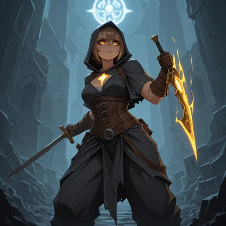 <lora:DarkfireStyle13:1>
1girl,
Adventurer in rugged gear exploring ancient ruins, holding a mysterious, glowing relic; her eyes filled with determination, front view