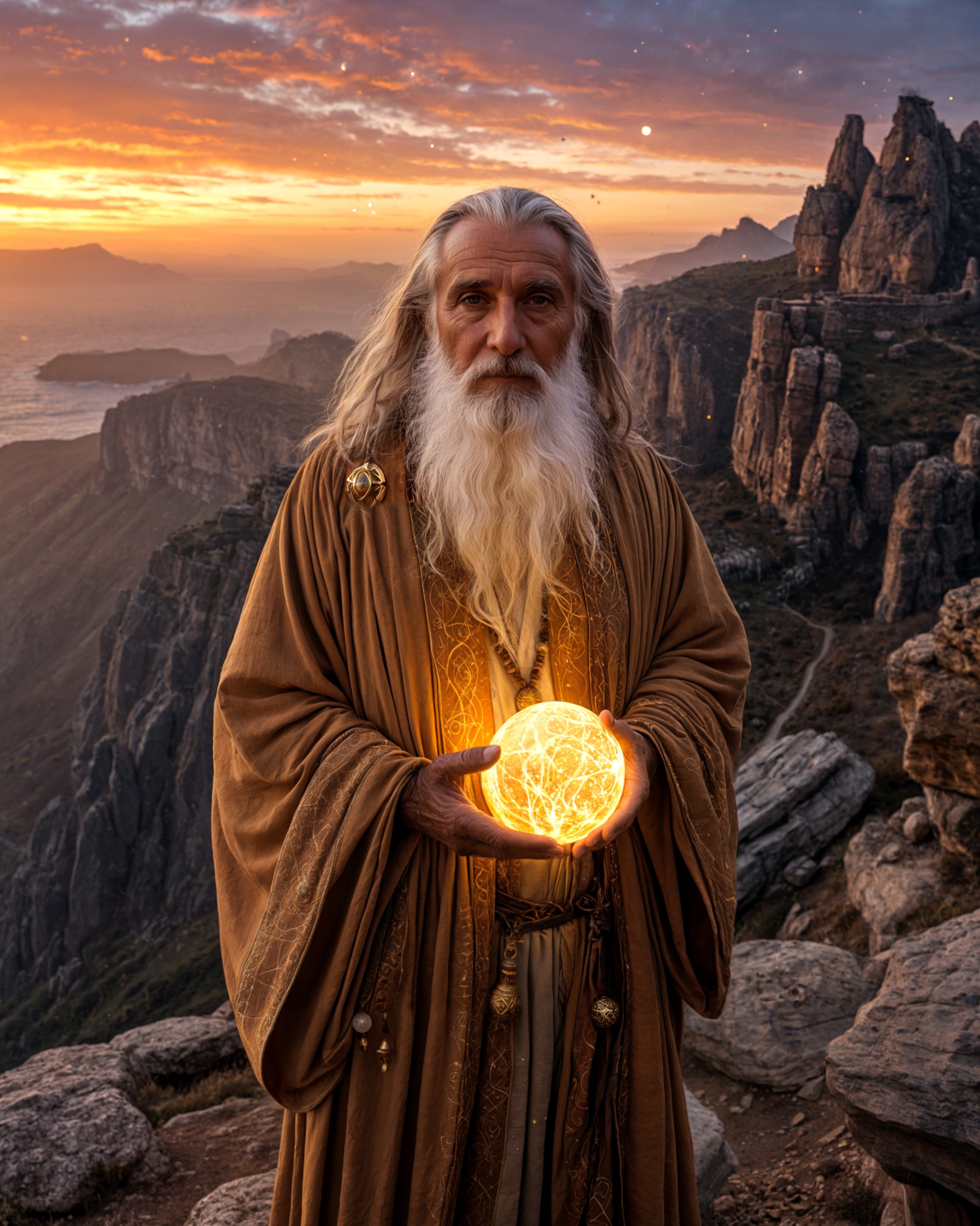 A fantasy-realistic, ultra-photorealistic portrait of an elderly wizard with a white beard and wise, lined face, wearing earth-toned robes with faint magical patterns, standing on a rocky mountain at sunset. He holds a glowing golden orb in his hands, the light illuminating his skin, beard, and robes. Holographic constellations and golden magical symbols swirl around the orb in realistic detail. In the background, realistic ancient stone ruins and robed figures on cliffs, dramatic sunset sky, and natural mist in the air. Style: fantasy realism, photorealistic, cinematic lighting, 8k, highly detailed, realistic magical effects, believable atmosphere. <lora:midjourney_whisper_flux_lora_v01:0.7> <lora:Lomo_Style_v2:1>