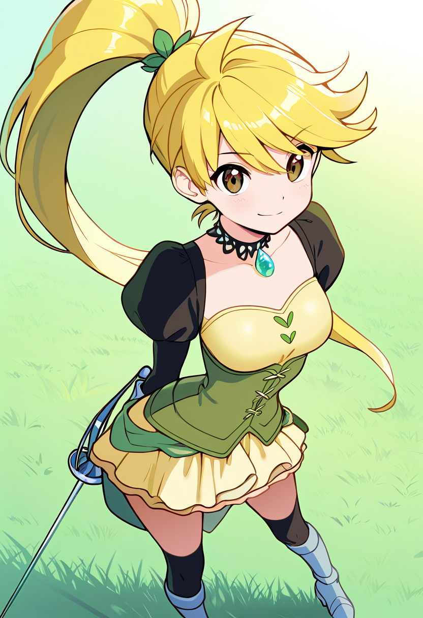 masterpiece, best quality, solo, curvy, beautiful eyes, narrow waist, wide hips, 1girl, solo, smile, looking at viewer, dynamic angle, foreshortening, close up,    zzYellow, brown eyes, blonde hair, long hair, ponytail, bangs,  , <lora:YellowPokemon_NAI:1.0>, [Lilyclad Duel Maiden], petal-layered skirt in pastel green and ivory, bloom-trimmed corset, high boots with vine-wrapped heels, floral choker with sapphire dew gem, sheer gloves with leaf stitching, thorn-cut rapier sheathed at hip, glade battlefield, grass swirling at feet, smirking stance,