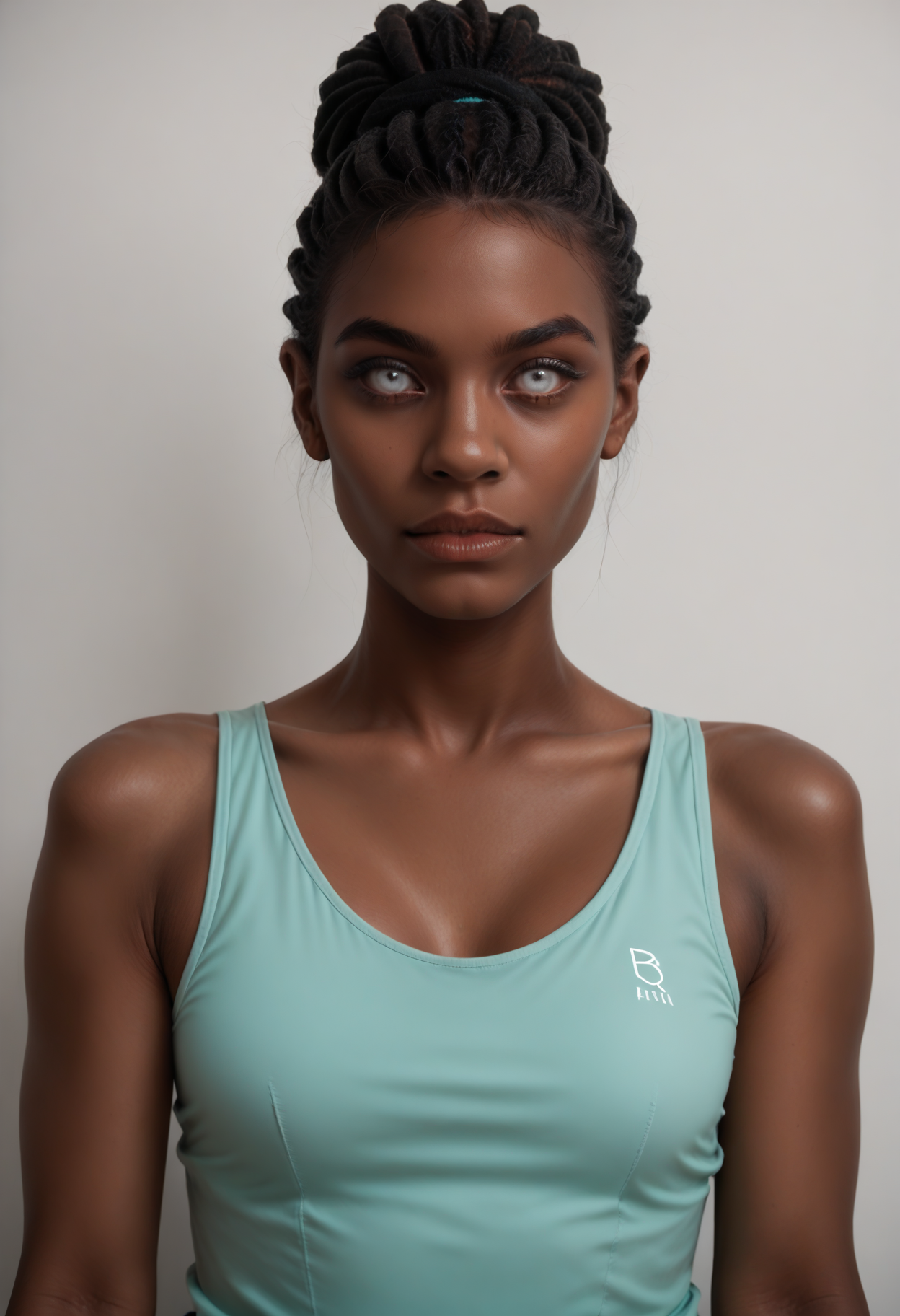score_9, score_8_up, score_7_up, rating_safe, source_photo, realistic,
1girl, solo, aqua tank top,
 <lora:Dark_Berea_Pony_v1.0:0.5> d4rkb3r34, dreadlocks:single hair bun, very dark skin, white eyes,