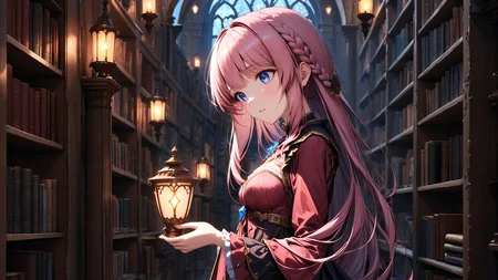upper_body,from_side,<lora:hakaseayaka-base-02-XL:0.6>,hakaseayaka,braided hair,bangs,high detailed,ultra-detailed,a magical girl wearing a red and black robe,with pink long hair and blue eyes,searching for books inside a vast,dark,ancient castle library,8k,towering bookshelves filled with old,dusty tomes,dim candlelight casting flickering shadows,glowing magical runes floating in the air,mysterious mist creeping along the stone floor,gothic arches,enchanted atmosphere,focused expression,scattered ancient scrolls,faint glimmers of light reflecting off metallic book spinesCinematic Lighting,((masterpiece)),((best quality)),absurdres,<lora:detailed_notrigger:1>,<lora:xl_more_art-full_v1:0.8>,