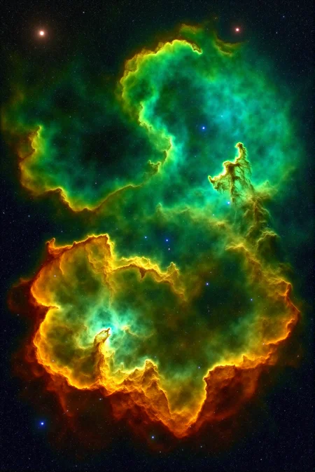<lora:Vibrant_Nebula_2:0.8> VibrantNebula style.
Titanic plumes of viridian mist and molten sienna flare outward in vast, sinuous loops, their surfaces rippling with nacreous highlights and deep-shadowed troughs, resembling a living cosmic reef adrift in a star-speckled ocean. Crafted with multi-spectrum imaging fusion and complex turbulence simulation, the textures convey both delicate fluidity and massive tectonic shifts. Seen from a majestic, extreme-wide orbital view, the composition leverages expansive negative space and hyperreal contrast layering to frame the nebula as an eternal dance of molten breath swirling through the universe's cold embrace.