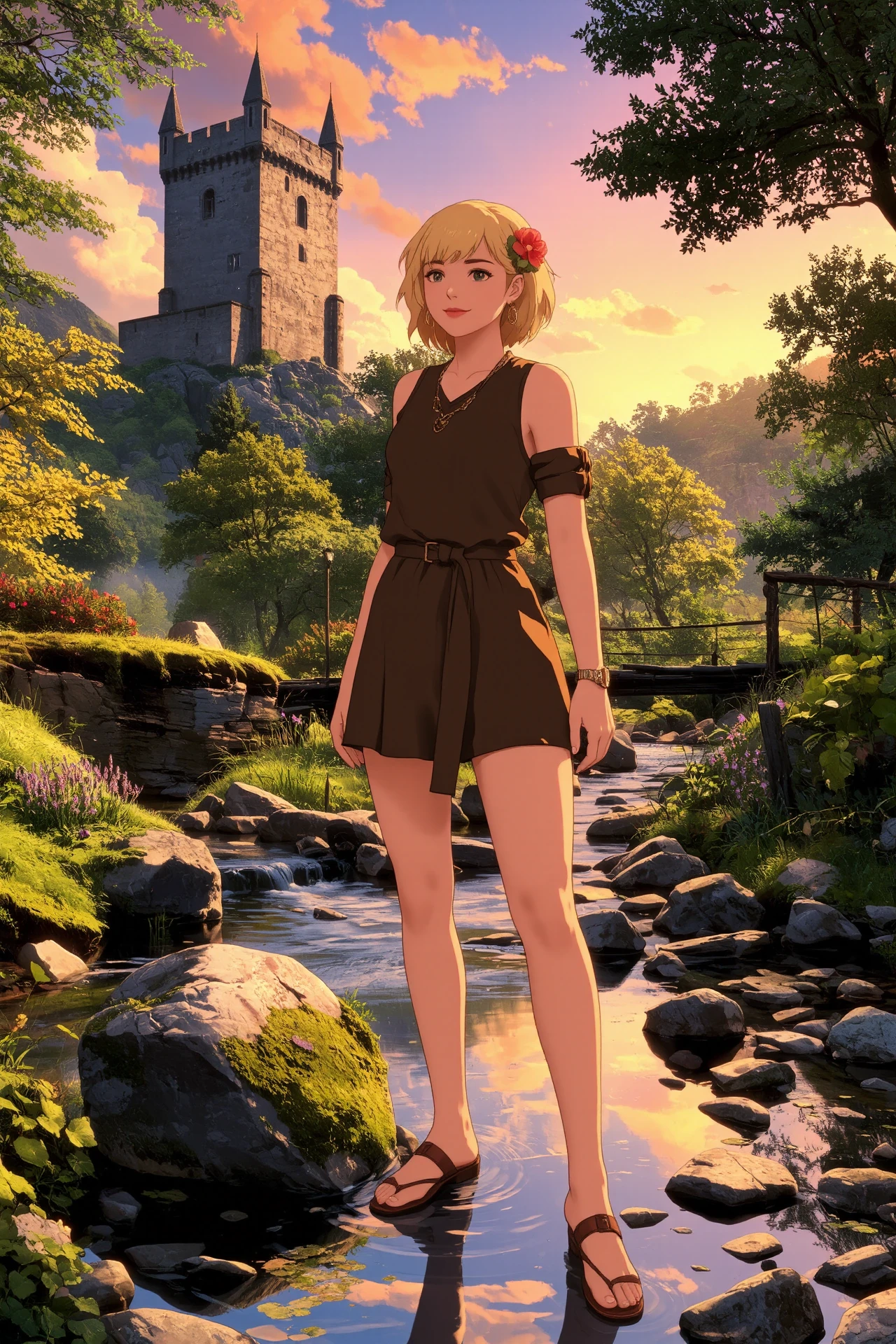 Puerto Rican buzz cut medium blonde hair (young woman), (druid:1.2), anime, illustration, (extremely detailed), (portrait), (standing:1.2), (happy smile), flower in hair, glossy lipstick, celtic necklace, torc earrings, loincloth, (sandals),  Medium Brown (druid short dress), (legs), heels, (sharp focus),  fantasy, (beautiful celtic landscape:0.9), (small rock:0.9), (moss:0.4), (ripples, reflections:0.8), celtic  castle, (small river small pond:0.5), druid forest, (druid village:1.2), (stunning nature environment:0.8), (enchanted land:0.5), clovers, (Camel flowers:0.9), leaves,bright (sunny sky), (sunset:0.3), best quality, colorful, wet floor, raytracing, hdr, high contrast, ethereal natural lights, backlight, (lens flare:0.4), shadows, (vibrant colors, colorful):0.6, pretty, beautiful, happy, smiling, feminine, sexy, lovely, in love, adorable, fashion,  <lora:Hand v2:1> <lora:Anti-Blur:1> <lora:RetroAnimeFluxV1:0.4> <lora:Luminous_Shadowscape:0.4>  <lora:SujatmikoArafuru_Flux:0.2> Suzume style
