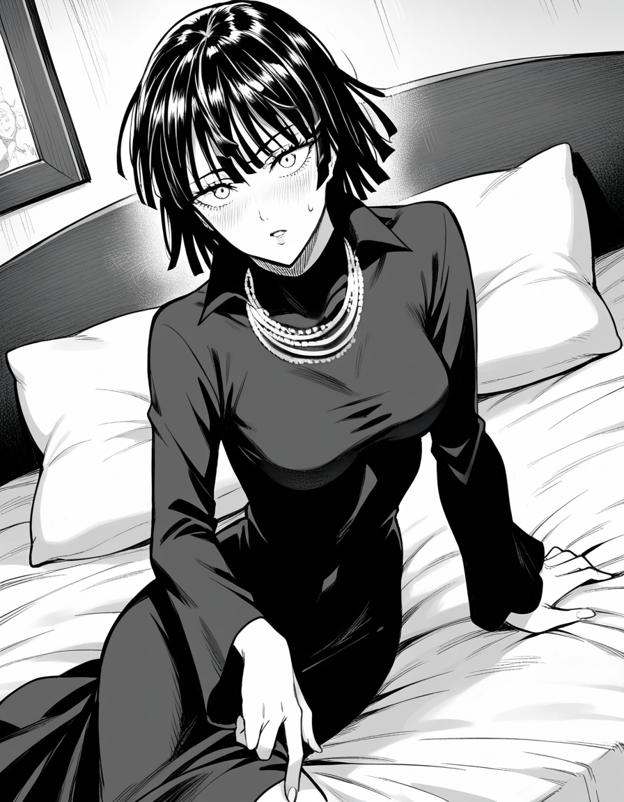 score_9, score_8_up, score_7_up, source_anime,
fubuki, <lora:opm-fubuki-manga-ponyxl-lora-nochekaiser:1>,
fubuki, fubuki \(one-punch man\), black hair, medium hair, monochrome, greyscale,
black dress, dress, high collar, jewelry, necklace, taut clothes, taut dress,
indoors, bed, bed room, on side, blush, drunk,
looking at viewer, cowboy shot, solo, dutch angle,