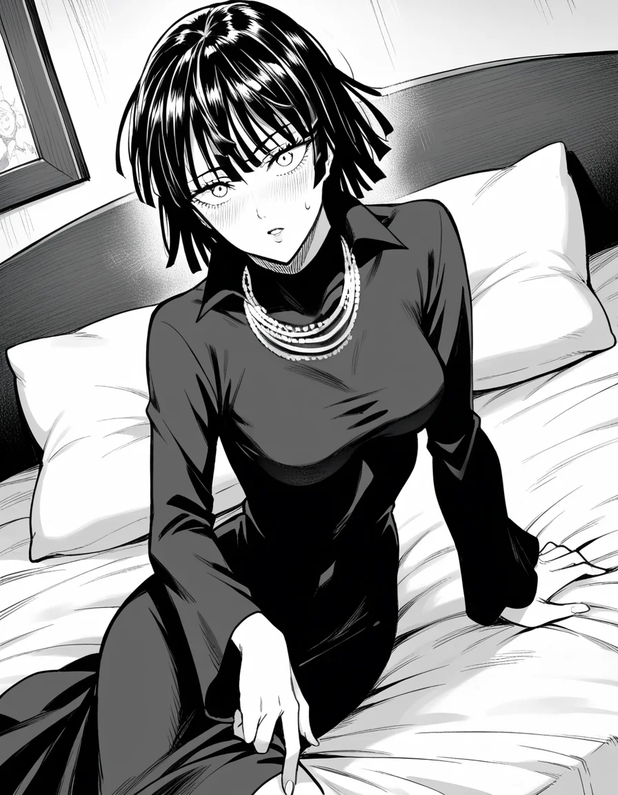 score_9, score_8_up, score_7_up, source_anime,
fubuki, <lora:opm-fubuki-manga-ponyxl-lora-nochekaiser:1>,
fubuki, fubuki \(one-punch man\), black hair, medium hair, monochrome, greyscale,
black dress, dress, high collar, jewelry, necklace, taut clothes, taut dress,
indoors, bed, bed room, on side, blush, drunk,
looking at viewer, cowboy shot, solo, dutch angle,