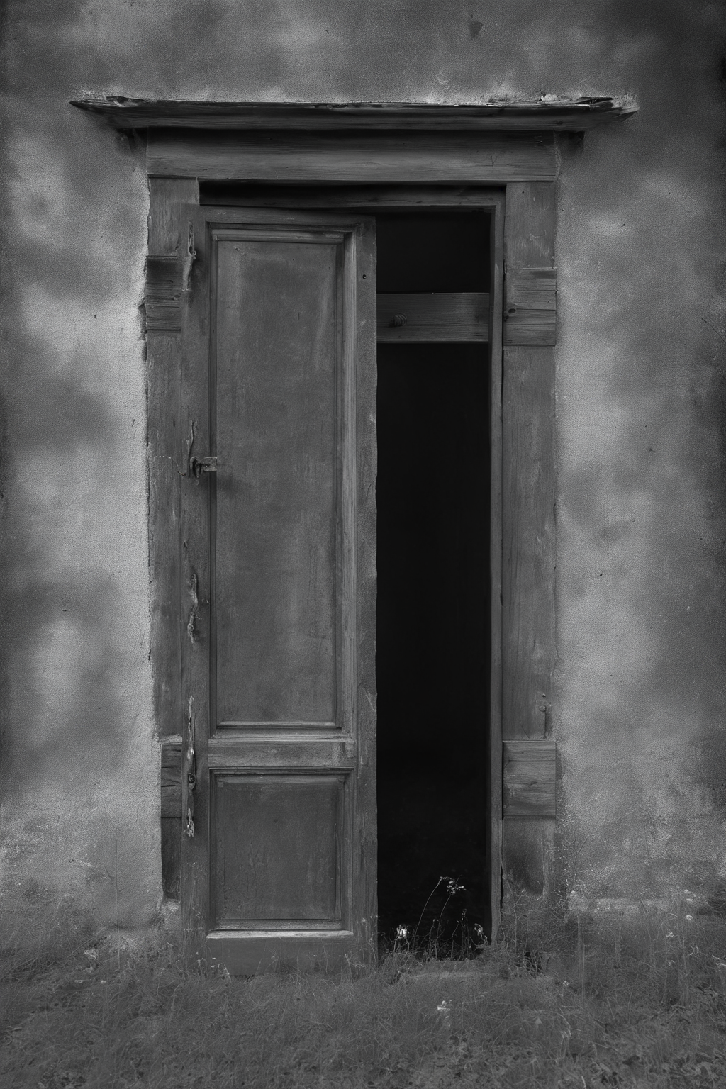 <lora:Photographer Elena Helfrecht Style:1>Photographer Elena Helfrecht Style - a black and white photo of an old door with a window in the middle of it
