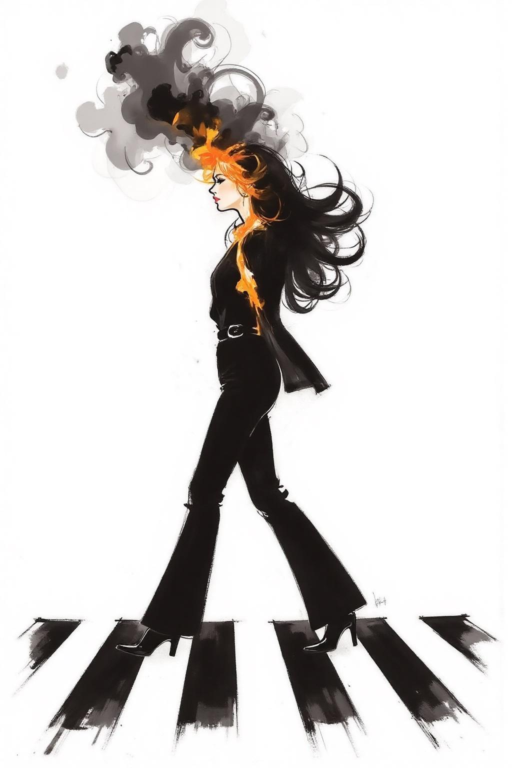 regr1 sketch. Profile of a woman with long black hair walking across the street at zebra crossing. Her hair is on fire, with black Smoke coming out of her head. The background is stark white. <lora:regr3_shoujo_nocap_d6a3:0.9><lora:808047536670713221:0>