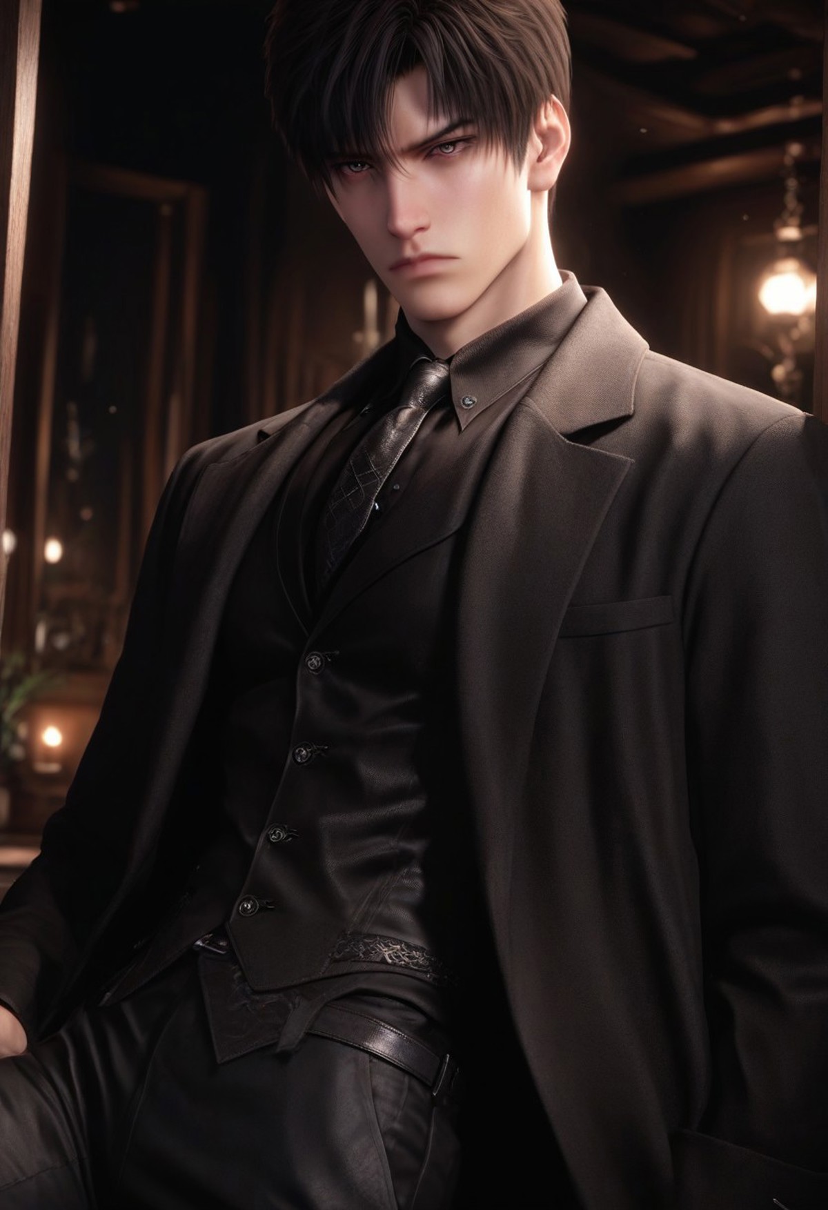 1boy, solo, male focus, toned male, zayne_(love_and_deepspace), black hair, short hair, two sided bangs, pale skin, almond eyes, detailed eyes, satisfaction, satisfied, neutral, detailed face, 
dark theme, night, intense shadow, intimidating, chest close to viewer, dark light, no light, dark out, shadow, 
(black coat over shoulder:1.1), black collar shirt, black vest, black collar shirt button, wearing a tie, black pants, sweaty hair, long sleeves, modest clothing, looking at viewer, from side view,
relax
rating PG, score_9, score_8_up, score_7_up, source_anime, male focus, Muscular, big thigh, big thigh, big chest, hung, manly, tall, detailed eyebrow, sharp eyebrows, focus on thigh, hairy thigh, thigh focus, random view