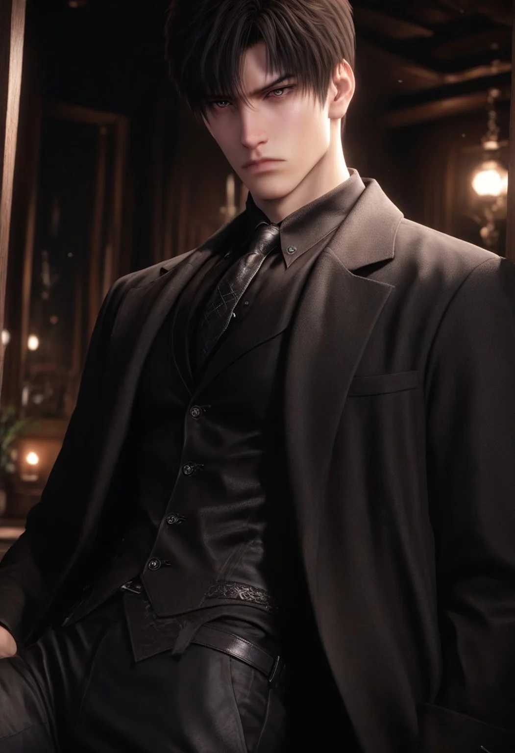 1boy, solo, male focus, toned male, zayne_(love_and_deepspace), black hair, short hair, two sided bangs, pale skin, almond eyes, detailed eyes, satisfaction, satisfied, neutral, detailed face, 
dark theme, night, intense shadow, intimidating, chest close to viewer, dark light, no light, dark out, shadow, 
(black coat over shoulder:1.1), black collar shirt, black vest, black collar shirt button, wearing a tie, black pants, sweaty hair, long sleeves, modest clothing, looking at viewer, from side view,
relax
rating PG, score_9, score_8_up, score_7_up, source_anime, male focus, Muscular, big thigh, big thigh, big chest, hung, manly, tall, detailed eyebrow, sharp eyebrows, focus on thigh, hairy thigh, thigh focus, random view