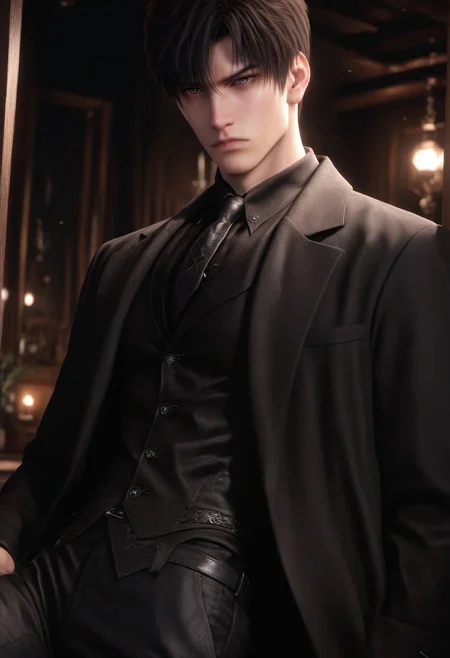 1boy, solo, male focus, toned male, zayne_(love_and_deepspace), black hair, short hair, two sided bangs, pale skin, almond eyes, detailed eyes, satisfaction, satisfied, neutral, detailed face,
dark theme, night, intense shadow, intimidating, chest close to viewer, dark light, no light, dark out, shadow,
(black coat over shoulder:1.1), black collar shirt, black vest, black collar shirt button, wearing a tie, black pants, sweaty hair, long sleeves, modest clothing, looking at viewer, from side view,
relax
rating PG, score_9, score_8_up, score_7_up, source_anime, male focus, Muscular, big thigh, big thigh, big chest, hung, manly, tall, detailed eyebrow, sharp eyebrows, focus on thigh, hairy thigh, thigh focus, random view