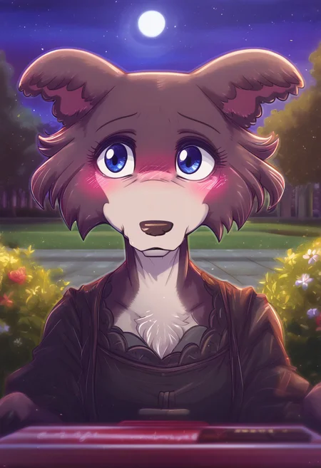 zPDXL, score_9,score_8_up,score_7_up,_up, best quality, amazing quality, masterpiece, 1girl, looking at viewer, upper_body, chocolate box, chocolate box, looking away, night, full moon, sparkles, pov, solo, cute, blush, shy face, juno, wolf girl, animal ears, animal nose, brown fur, blue eyes, black dress, outdoors, park, flowers, contour_deepening, depth of field, huge filesize, blurry background, good_hands, Expressiveh, dimwitdog
