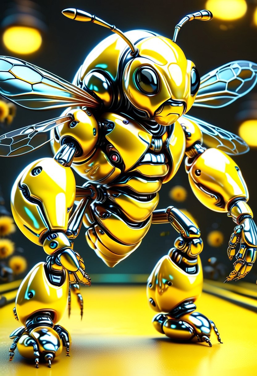 robot, Jed-Rbmls, faceless, mouthless, holding bumblebee, insect caretaker, nuturing, mechanical arms, robot antennae, glowing yellow eyes, shiny metallic body, ais-metalz, (holding soft fuzzy bee, bumblebee wings),close-up, sci-fi background, dim neon lights, dramatic theme, scary environment, 3d render, photorealistic, high detail, 
BREAK
 black and yellow insect, fuzzy bee, science fiction, cybernetics, macro photography, contrast organic and mechanical,