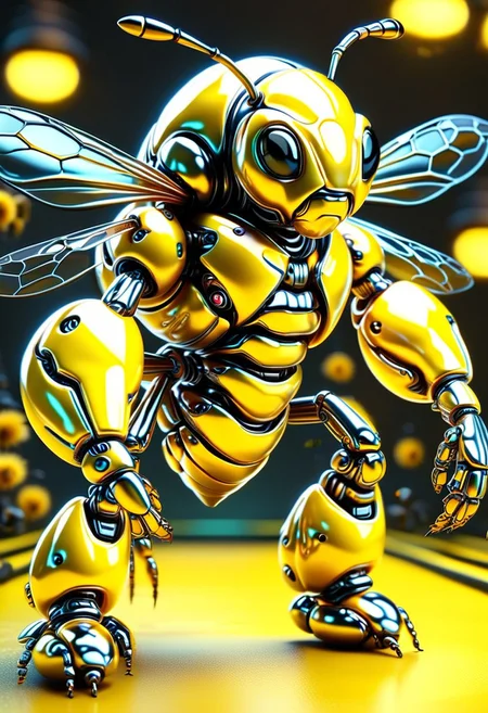 robot, Jed-Rbmls, faceless, mouthless, holding bumblebee, insect caretaker, nuturing, mechanical arms, robot antennae, glowing yellow eyes, shiny metallic body, ais-metalz, (holding soft fuzzy bee, bumblebee wings),close-up, sci-fi background, dim neon lights, dramatic theme, scary environment, 3d render, photorealistic, high detail,
BREAK
black and yellow insect, fuzzy bee, science fiction, cybernetics, macro photography, contrast organic and mechanical,