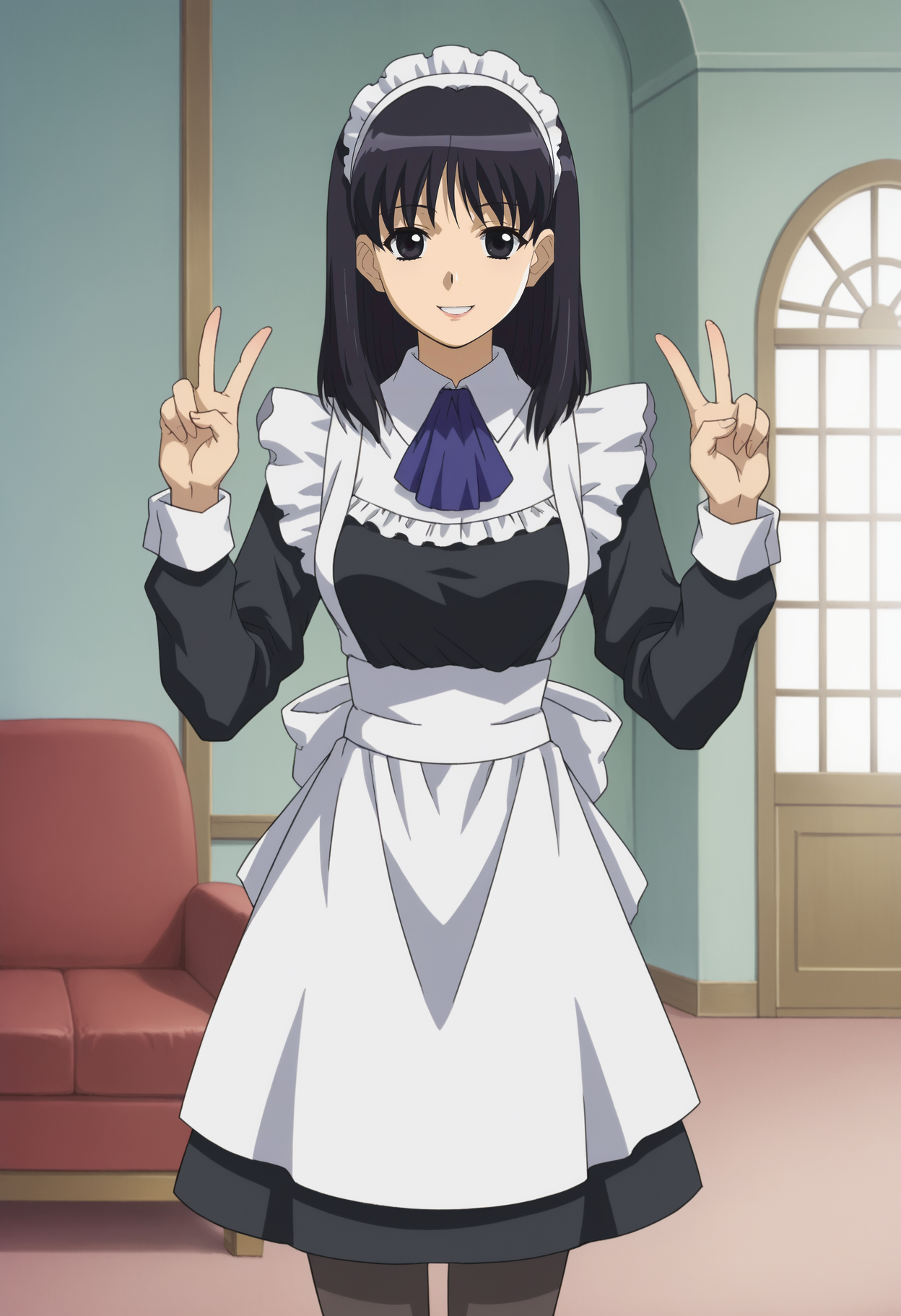 <lora:Lilica_Stacy-Girls_Bravo:0.8>,1girl,solo,Lilica Stacy,black hair,black eyes,anime coloring,maid headdress,maid,apron,long sleeves,pantyhose,double v, cowboy shot, looking at viewer, smile,indoors