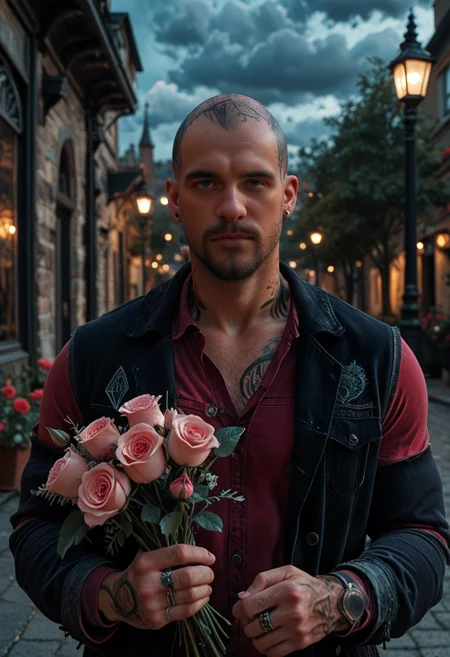 masterpiece, very aesthetic, best quality, absurdres, newest, solo,
<lora:ILDGBoozer:1>
DGBoozer, 1boy, male focus, bald, blue eyes, beard, tattoo, looking at viewer, red flower, male focus, jewelry, red rose, outdoors, holding bouquet, ear piercing, stud earrings, lamppost, black jacket, ring, upper body, closed mouth, black coat, night sky, long sleeves, red shirt, collared shirt, holding flower, pink flower, pink rose, cloud, bishounen, collarbone