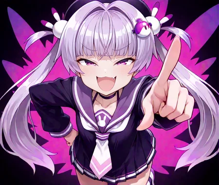 purple eyes,sailor collar,fang,hair ornament,pointing,twintails,smile,bangs,solo,open mouth,hat,pointing at viewer,long hair,looking at viewer,long sleeves,purple hair,collarbone,:d,purple school uniform,smug,choker,rabbit hair ornament,skin fang,<lora:darkbbg:1>,dark \(bombergirl\),socks, shoes, tails