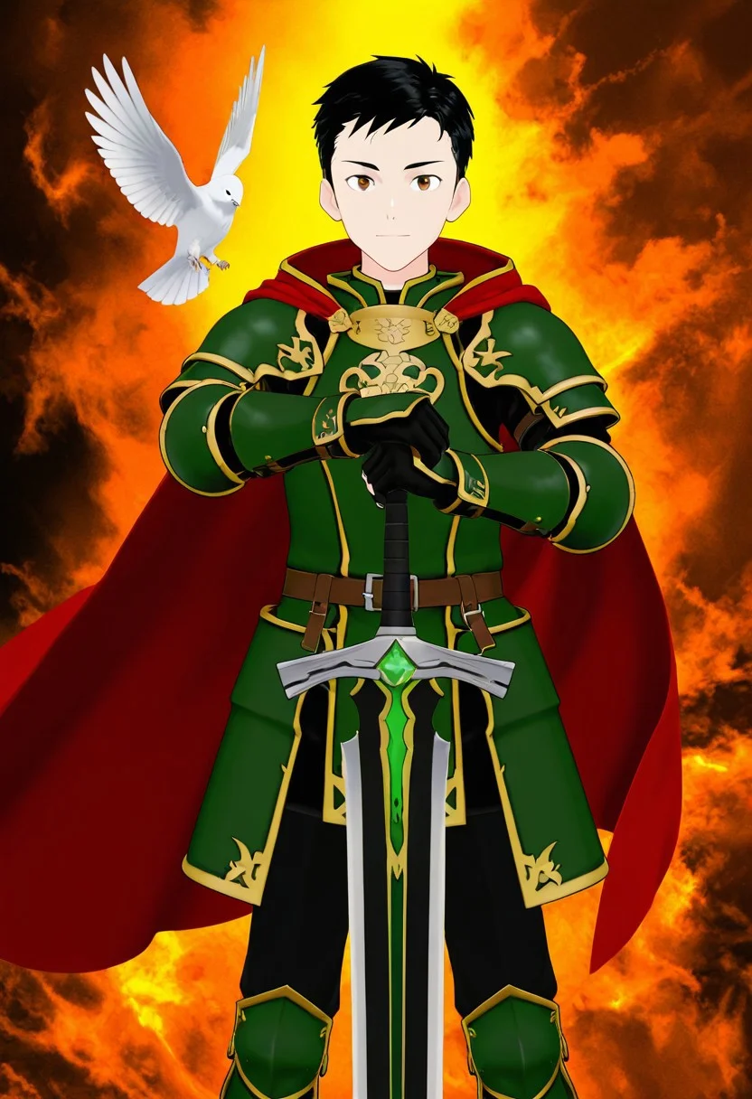 harmard, black hair, short hair, brown eyes, 1boy, solo, solo focus, young, youthful, he is dressed in a suit of dark iron platemail. Break. his right hand is holding up a black coloured sword, Properly holding the sword by the hilt, right hand up, brandishing a sword, his armour bears a crest of a yellow dove. fantasy armour. stylized silver dove emblems and symbols on armour and sheild. Break. epic background is a a beautiful palace. a strong wind is blowing his cape, green coloured armour, ready to fight pose, dawn sky in the background