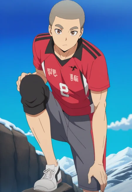 masterpiece, best quality, intricate details, anime screencap, , official style, looking at viewer, 1boy, solo, male focus, <lora:Tamahiko_Teshiro-000009:0.96>, tamahiko_teshiro, grey hair, very short hair, brown eyes, storm peaks, jagged cliffs, snow-blown paths, thundering clouds, climbing pose, daring expression, stormy dusk,