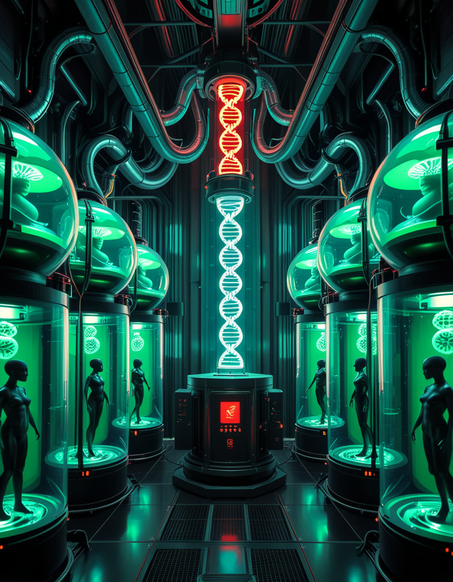 A dark, futuristic cloning laboratory infused with biomechanical horror, inspired by the art of H.R. Giger. The environment is a fusion of cold, industrial metal and pulsating organic structures, where walls seem alive, breathing with a rhythmic pulse of dark energy. The entire facility feels like a fusion of machine and flesh, an eerie cathedral of synthetic life.
At the center of the lab, massive transparent incubation pods line the walls, each filled with a thick, greenish amniotic fluid. Inside, half-formed clones float in various stages of developmentâsome eerily human, others distorted by biomechanical mutations. Tubes and organic cables snake from the ceiling, injecting raw genetic material into the growing bodies, merging artificial and organic components.
A colossal central machine, resembling a fusion of an ancient altar and a high-tech processor, serves as the core of the cloning process. DNA strands, displayed as holographic symbols in glowing red and neon green, shift and mutate in real-time, manipulated by unseen algorithms. Mechanical arms, covered in organic textures, extract samples from fluid-filled glass canisters, feeding the system with raw genetic material.
The dim lighting casts elongated shadows across the ribbed metallic floor, illuminated only by the sickly glow of bio-luminescent veins coursing through the walls. A constant hum of machinery, mixed with the faint sound of heartbeat-like pulsations, fills the air, creating an overwhelming sense of unnatural life in the making.
This is not just a cloning facilityâit is a factory of engineered existence, where the line between science and the grotesque unknown has been erased, birthing life that was never meant to be
<lora:SDXLFaeTastic2400:0.4> <lora:extremely_detailed:0.4> extremely detailed, <lora:futuristic_cloning_l4b0r4t0ry:1>,futuristic cloning l4b0r4t0ry, Masterpiece,best quality,hi res,8k,hi res,8k,award winning,(sharp focus, intricate, highly detailed),