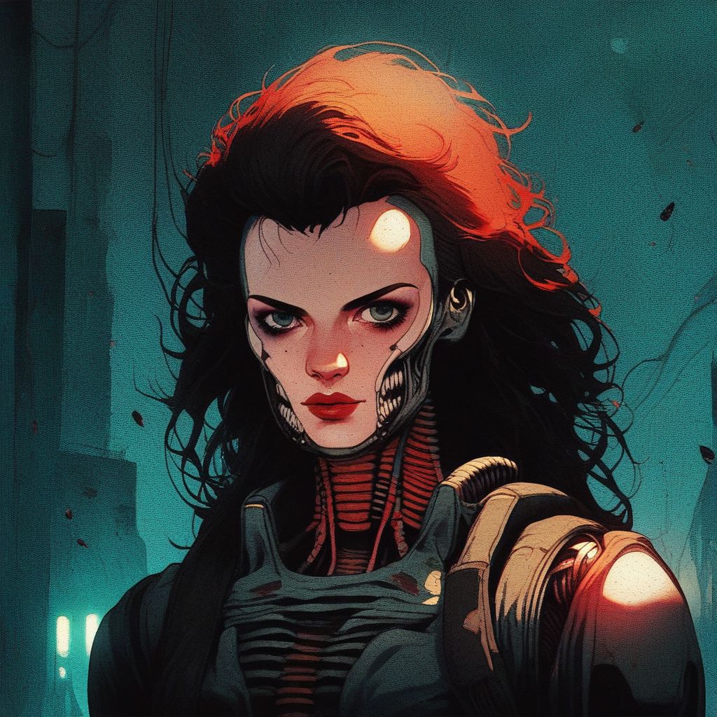 <lora:Kenva:1.0> score_9, knva, halftone effect, 1girl, solo, cyberpunk, Ellen Ripley, horror, xenomorphs in background,